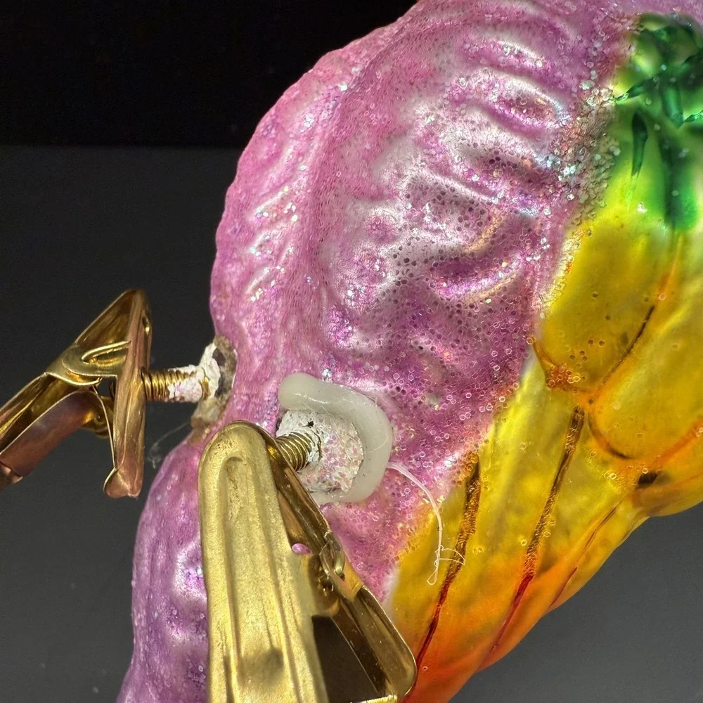 Christopher Radko Polly Wanna Parrot Ornament Glass‎ Clip On Spun Tail Pink VTG